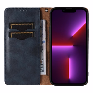 Magnetinis dirželio dėklas telefonui iPhone 14 Plus su atverčiamu dangteliu, pinigine, mini dirželiu ir stovu, mėlynas