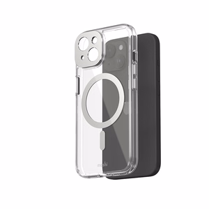 Moshi iGlaze MagSafe dėklas, skirtas iPhone 15, skaidrus su „Luna Silver“ spalvos detalėmis