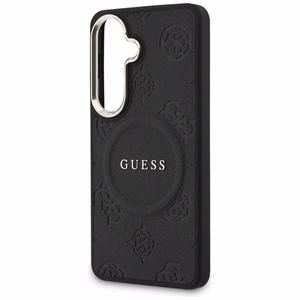 Guess Saffiano Peony Embossed Ring MagSafe dėklas Samsung Galaxy S26+ juodas