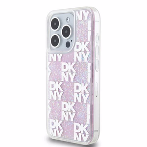 DKNY dėklas telefonui iPhone 15 Pro 6,1" DKHCP15LLCPEPP baltas HC skysti blizgučiai su languotas raštas