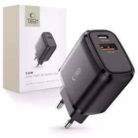 Tech-Protect C20W įkroviklis USB-C PD 20W / USB-A QC 3.0 - juodas