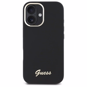 "Guess" silikoninis metalinis dėklas su logotipu ir rėmeliu, skirtas iPhone 16 - juodas