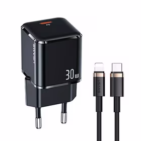 USAMS Tinklo įkroviklis 1xUSB-C T45 30W PD3.0 Fast Charging +laidas U63 USB-C/Lightning juodas UXTZH01 (USAMS-UX)