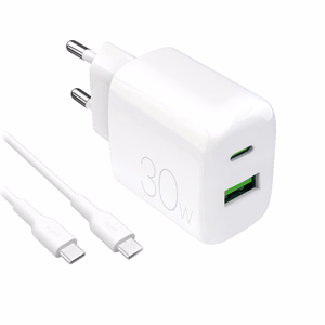 Puro PROLITE 30W USB-A / USB-C sieninis įkroviklis + USB-C - USB-C kabelis 1.2m - baltas