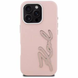 Karl Lagerfeld FW Grained Signature Logo Dėklas iPhone 16 Pro Max - rožinis