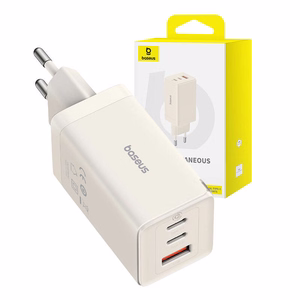 Sieninis įkroviklis Baseus GaN5 2x USB-C + USB, 65W + laidas 1m (baltas)