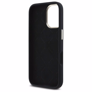 "Guess" silikoninis "iPhone 16 Plus" korpusas su metaliniu logotipu ir rėmeliu - juodas