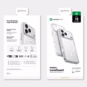 AmazingThing Minimal Mag Lens dėklas, skirtas iPhone 18 Pro Max, su kameros apsauga ir dirželio tvirtinimu, suderinamas su MagSafe – spalva: skaidri