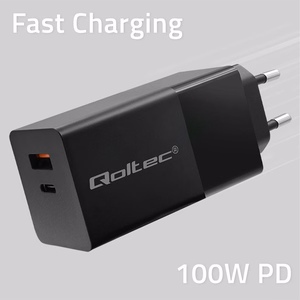Qoltec 52382 GaN POWER PRO įkroviklis | 1xUSB type C | 1xUSB A | 100W | 5-20V | 1.5-5A | PD | juodas