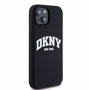 DKNY Skystas silikoninis dėklas MagSafe iPhone 15 Plus / 14 Plus su balto logotipo spauda - juodas (m)
