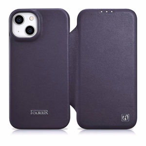 iCarer CE Premium odinis folio dėklas iPhone 14 Plus magnetinis atverčiamas odinis folio dėklas MagSafe tamsiai violetinė
