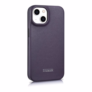 iCarer CE Premium odinis folio dėklas iPhone 14 Plus magnetinis atverčiamas odinis folio dėklas MagSafe tamsiai violetinė