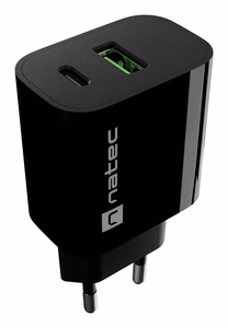 NATEC RIBERA sieninis įkroviklis 1X USB-A + 1X USB-C 20W juodas