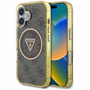 Guess IML Metal Glitter 4G Circle Triangle Magnetinis dėklas telefonui iPhone 16 - rudas