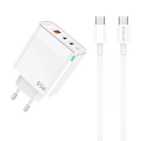 JELLICO tinklinis įkroviklis C79 GaN PD 65W 2xUSB-C + 1xUSB QC3.0 + laidas USB-C - USB-C Baltas
