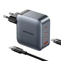 Vention maitinimo įkroviklis 3x USB-C, 1x USB-A (100W/100W/30W/30W) (pilkas) su USB-C į USB-C kabeliu (1m) (juodas)