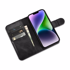 iCarer Aliejaus Vaško Piniginės Dėklas 2in1 Dangtelis iPhone 14 Plus Anti-RFID Odinis Atverčiamas Dėklas Juodas (WMI14220723-BK)