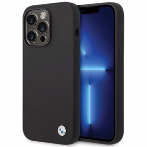 BMW silikoninis metalinis logotipas iPhone 15 Pro Max dėklas - juodas