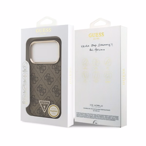 Dėklas Guess PU Leather 4G Strass Triangle Logo Gold Frame MagSafe Apple iPhone 18 Pro rudas