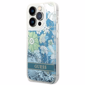 Guess Flower Liquid Glitter dėklas telefonui iPhone 14 Pro Max - žalias