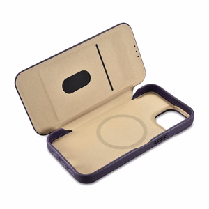 iCarer CE Premium odinis folio dėklas iPhone 14 Plus magnetinis atverčiamas odinis folio dėklas MagSafe tamsiai violetinė