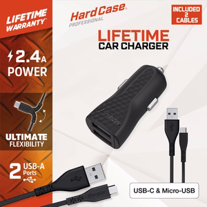 Energizer HardCase DC2BLCMM car charger, 2 × USB-A, 2.4 A, with USB-C and Micro-USB cable, black