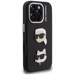 Karl Lagerfeld FW Grained Karl & Choupette Heads Pins dėklas, skirtas „iPhone 16 Pro Max“ – juodas