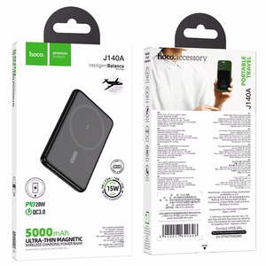 Išorinė baterija Hoco 5000 mAh QC PD 2A 20W itin plona J140A juoda, suderinama su MagSafe