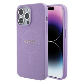 Guess Saffiano magnetinis dėklas telefonui iPhone 15 Pro - violetinis