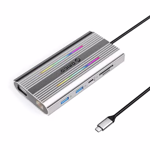 Orico XCR 12 viename RGB USB-C prijungimo stotelė 3x USB-A USB-C PD 100W HDMI 4K VGA RJ45 Gigabit SD ir microSD kortelių skaitytuvas - sidabrinė