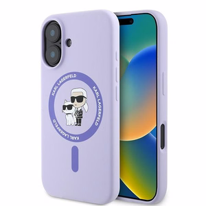 Karl Lagerfeld silikoninis Magnetinis dėklas telefonui iPhone 16 Plus su Karl & Choupette galvų žiedu - violetinė