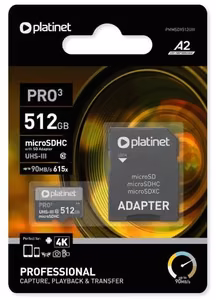 Atminties korta Platinet MicroSD 512GB (class10 UHS-III 90MB/S) + SD Adapteris