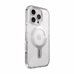 Speck Presidio Perfect-Clear Grip ClickLock & MagSafe dėklas, skirtas iPhone 16 Pro, skaidrus / chromo apdaila / „Serene Silver“