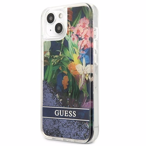 Guess GUHCP13SLFLSB iPhone 13 mini 5.4" mėlynas kietas dėklas gėlių skystas blizgučiai