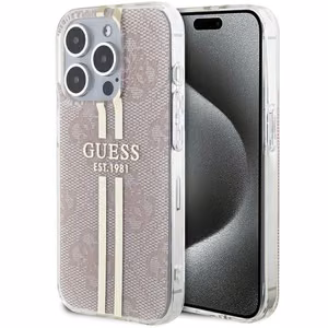 Guess IML 4G Gold Stripe dėklas telefonui iPhone 15 Pro - rožinis