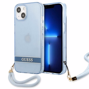 Guess GUHCP13MHTSGSB iPhone 13 6.1 dėklas telefonui, mėlynas, kietas, pusiau permatomas su dirželiu