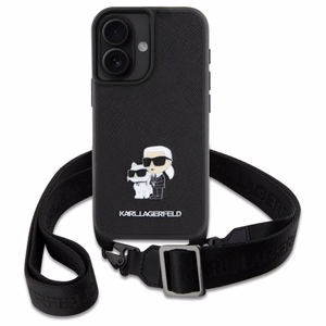 Karl Lagerfeld Saffiano Karl&Choupette Metal Pin CBDY dirželis iPhone 16 dėklas – juodas