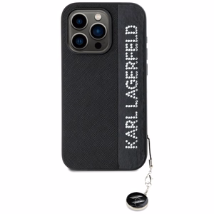 Karl Lagerfeld Saffiano Rhinestones & Charm dėklas telefonui iPhone 15 Pro - juodas