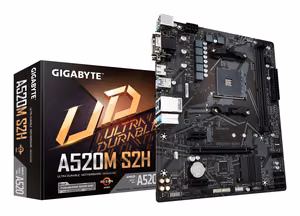 GIGABYTE AMD A520 SAM4 Micro-ATX Memory DDR4 Memory slots 2 2xPCI-Express 3.0 1x 1xPCI-Express 3.0 16x 1xM.2 1x15pin D-sub 1xDVI-D 1xHDMI 2xAV-In 1xAV-out 2xUSB 2.0 4xUSB 3.2 1xPS/2 1xRJ45 A520MS2H1.3 (Mainboard)
