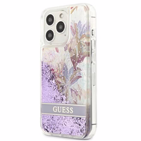 Guess GUHCP13LLFLSU iPhone 13 Pro / 13 6.1" violetinis kietas dėklas gėlių skystas blizgučiai
