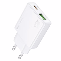 Borofone Įkroviklis BN25 Wish (Ultra Thin) - USB + Type-C - PD QC 3.0 30W baltas
