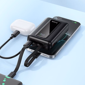 Hoco J162 išorinė baterija su integruotais USB-C ir Lightning laidais, 10000 mAh, QC, PD, 22,5 W, juoda
