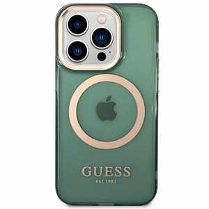 Guess GUHMP14XHTCMA iPhone 14 Pro Max 6.7 kietasis dėklas – žalias/khaki – su auksiniu kontūru ir skaidrus MagSafe