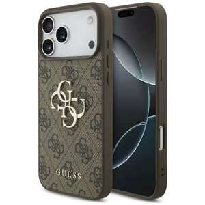 Guess PU 4G Metal Logo dėklas Apple iPhone 18 Pro, rudas