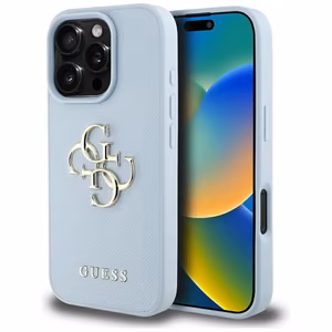 Guess grūdėtas didelis 4G logotipas mažas klasikinis logotipas dėklas iPhone 16 Pro - mėlynas