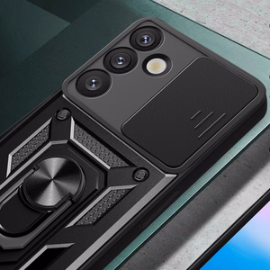 Hibridinis šarvuotas Camshield su kameros dangteliu ir metaliniu žiedu Samsung Galaxy S25+ - juodas