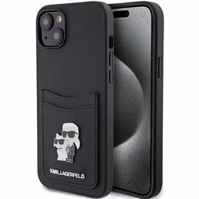 Karl Lagerfeld Saffiano Cardslot Karl&Choupette Metal Pin Dėklas telefonui iPhone 15 - juodas