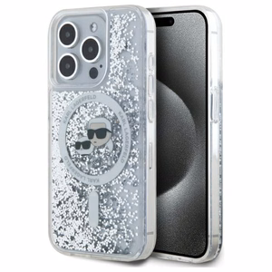 Karl Lagerfeld Skysti blizgučiai Karl & Choupette Head Magnetinis dėklas telefonui iPhone 15 Pro - skaidrus