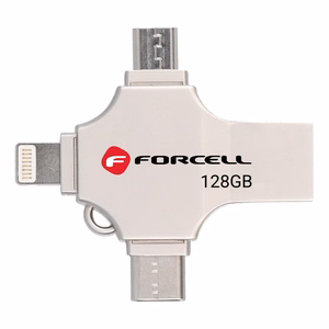 FORCELL F-DATA USB atmintukas Metal Quad 128GB USB3.2 Gen 1 (USB A / Type C / Lightning / Micro USB) sidabrinis
