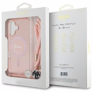 Guess Crossbody Cord Script MagSafe Dėklas telefonui Apple iPhone 16 - rožinis